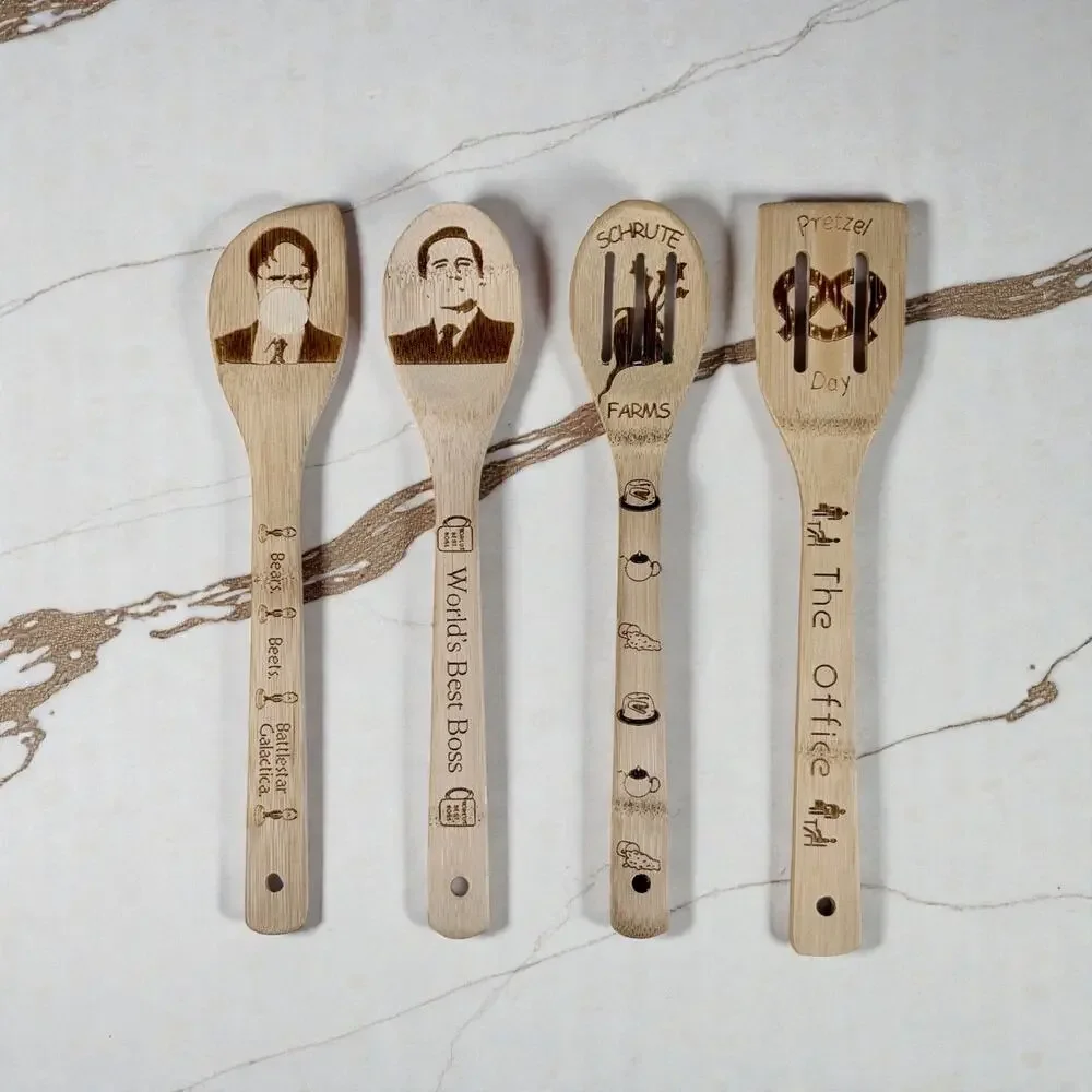The Office Set 4 Bamboo Wooden Kitchen Cooking Utensils Spoon Spatula Slotted